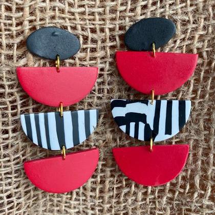 Polymer Clay Statement Earrings | Sailor Red Black..