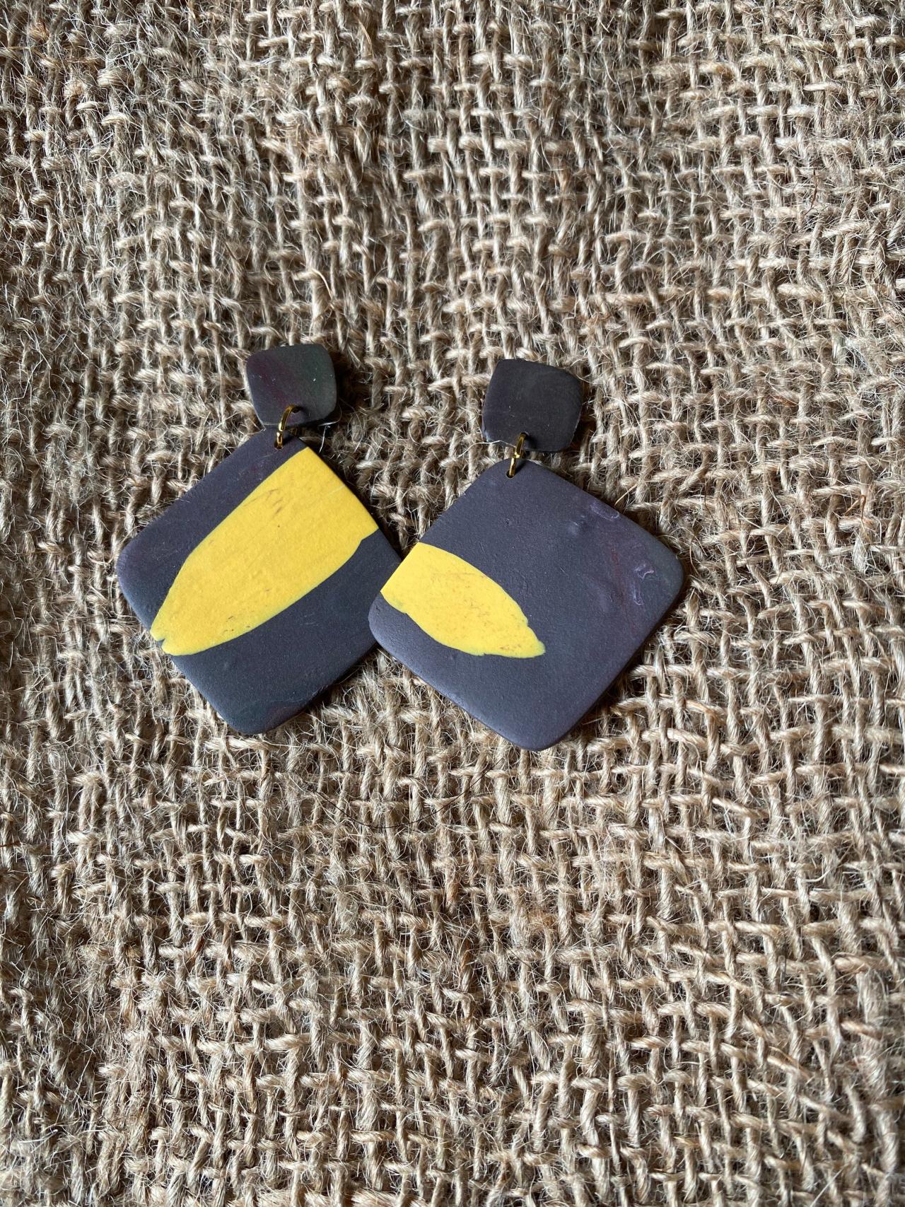Ava | Bae’s Creations | Black And Yellow Polymer Clay Drop Earrings | Simple Minimalist Polymer Clay Earrings | Black Owned