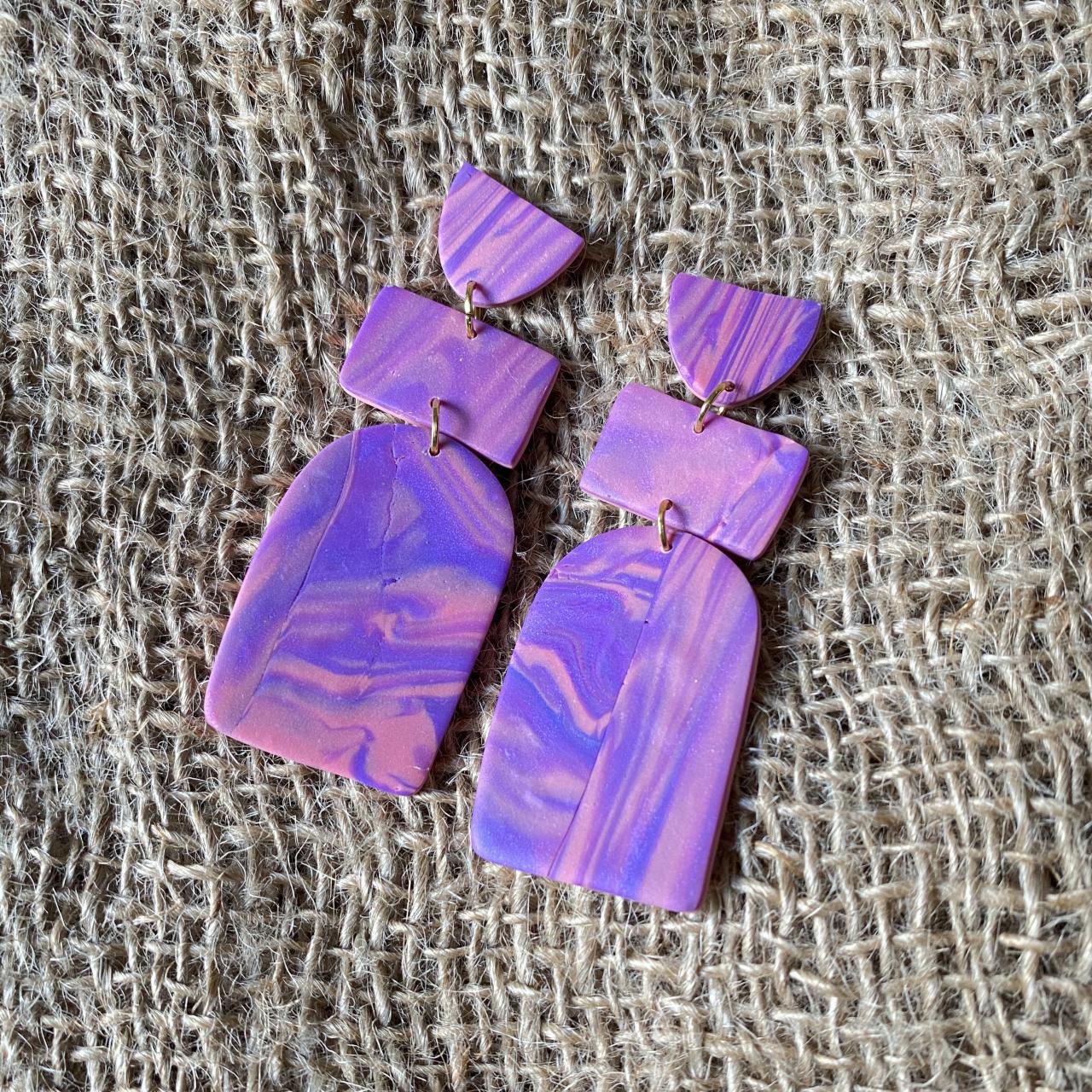 Opal | Purple Skies Collection Polymer Clay Earrings | Unique Purple Pink Polymer Clay Drop Earrings | Handmade Statement Clay Earrings | Black