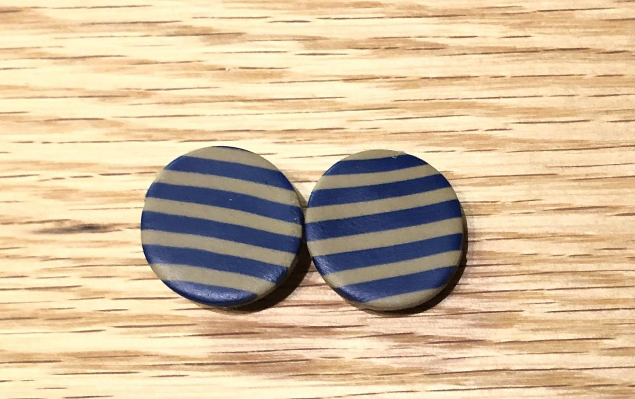 Striped Polymer Clay Earrings Studs | Taupe Blue Polymer Clay Statement Earrings | Medium Polymer Clay Studs Earrings | Black Owned | Chic