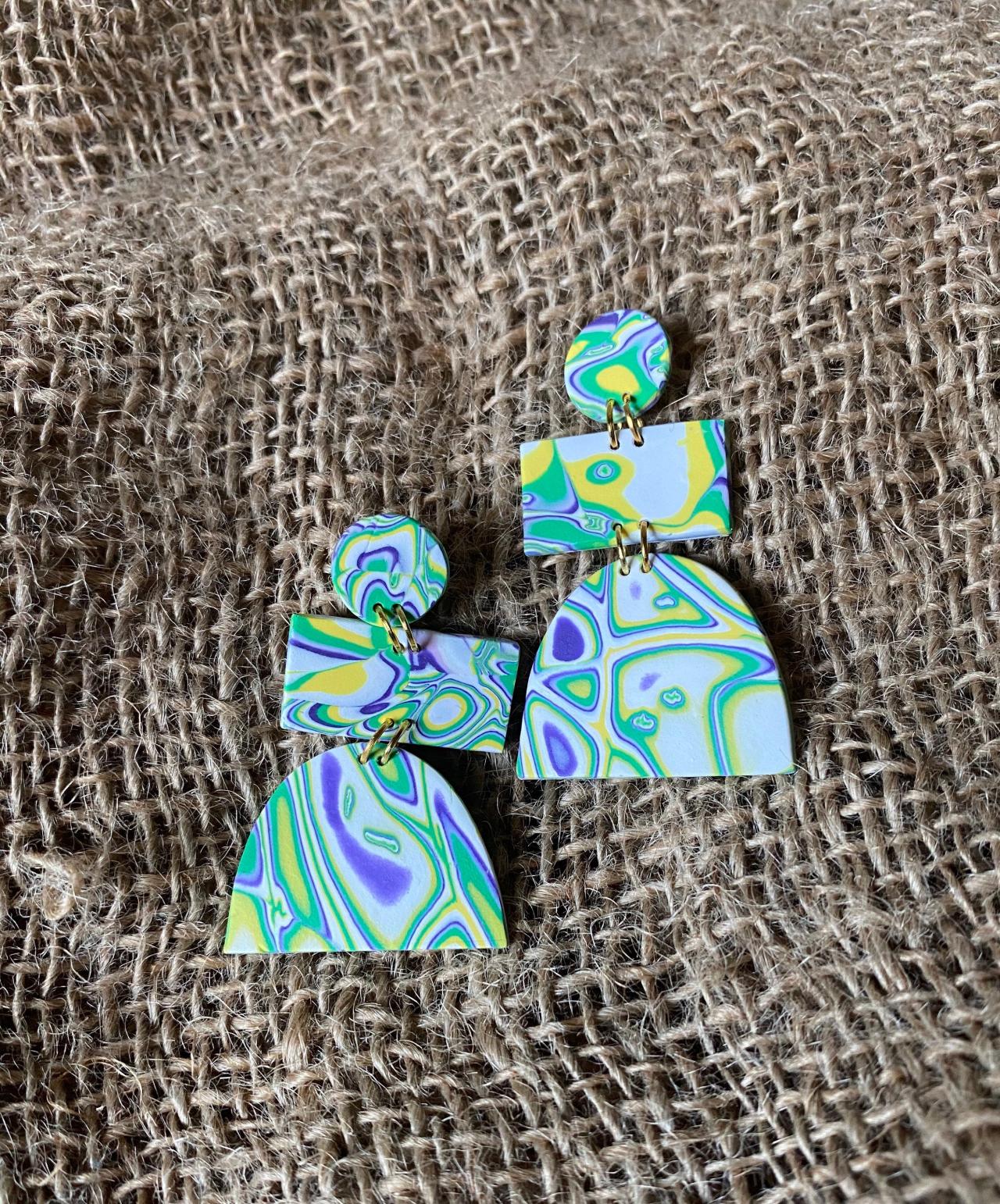 Unique Polymer Clay Statement Earrings | Stephanie | Amoeba Collection | Multi-color Polymer Clay Drop Earrings | Lightweight Polymer Clay Dangle