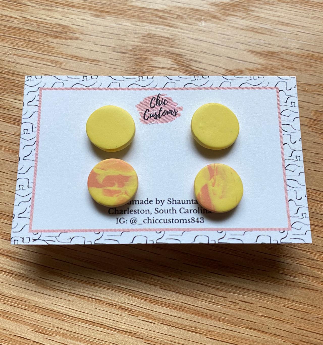 Mini Polymer Clay Studs Duo | Bright Yellow Circle Polymer Clay Earrings Studs | Orange Simple Minimalist Polymer Clay Earrings | Clay Earrings |