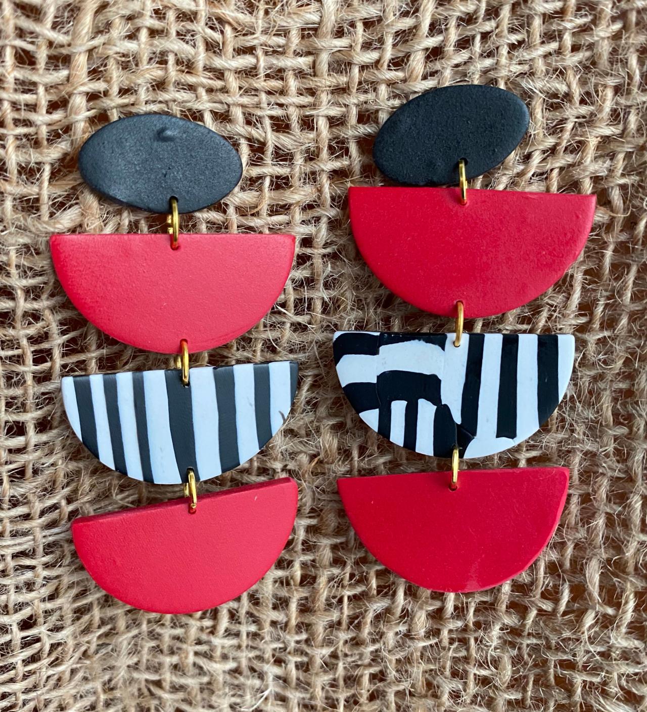 Polymer Clay Statement Earrings | Sailor Red Black White Stripes Polymer Clay Dangle Earrings | Unique Handmade Clay Earrings | Chic Customs | Black Owned