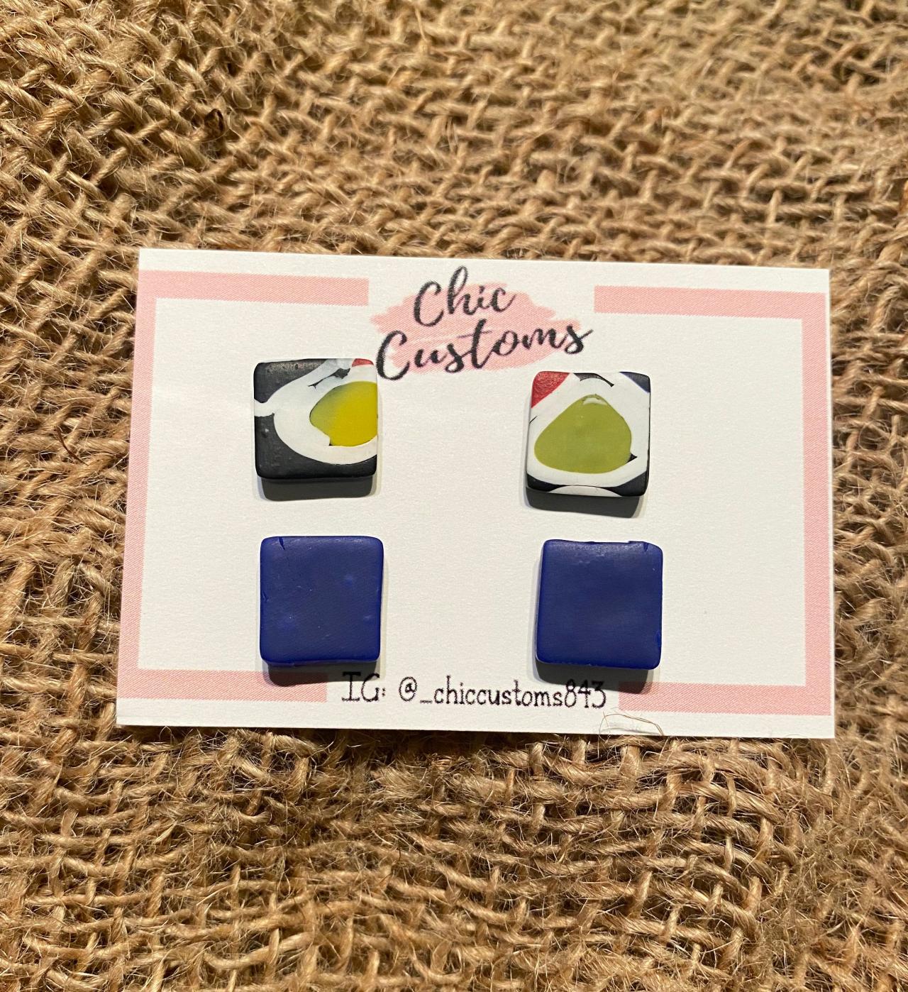 Mini Polymer Clay Earrings Studs Duo | Square Blue, White, Black And Yellow Clay Stud Earrings | Handmade Polymer Clay Earrings | Black Owned |