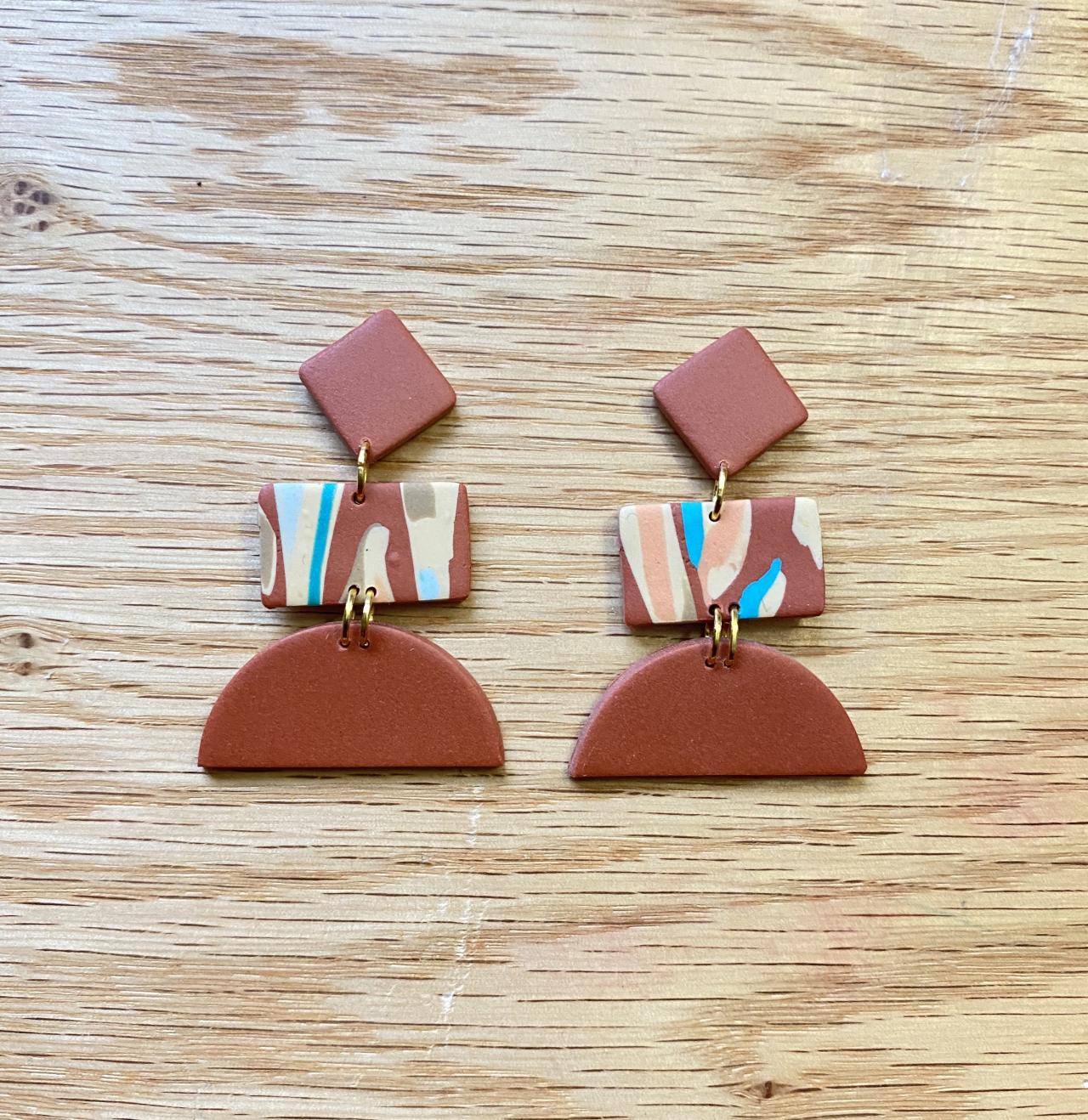 Polymer Clay Statement Earrings | Aida Polymer Clay Drop Earrings | Terrazzo | Cinnamon Polymer Clay Dangle Earrings | Teal | Nude | Gold | Brown