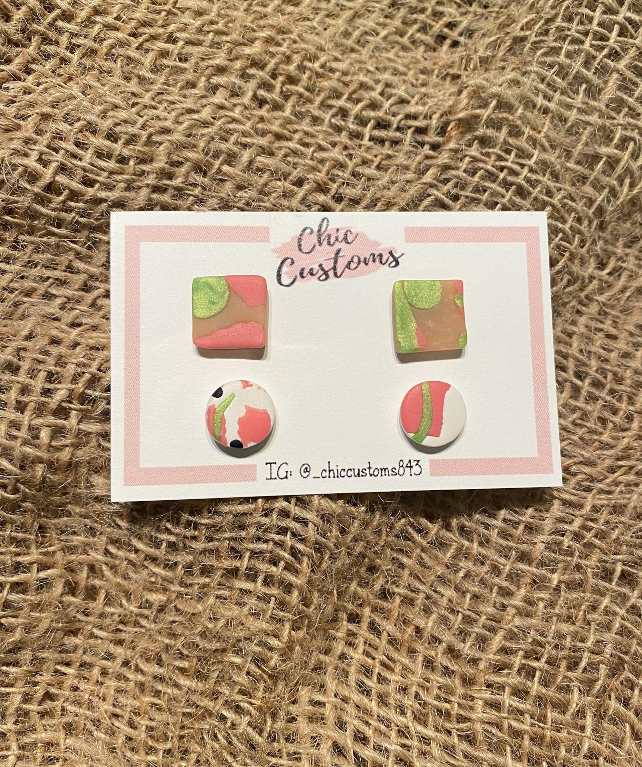 Polymer Clay Earrings Studs | Mini Studs Duo | Square | Circle | Pink | White | Black | Tan | Polymer Clay Statement Earrings | Handmade Polymer