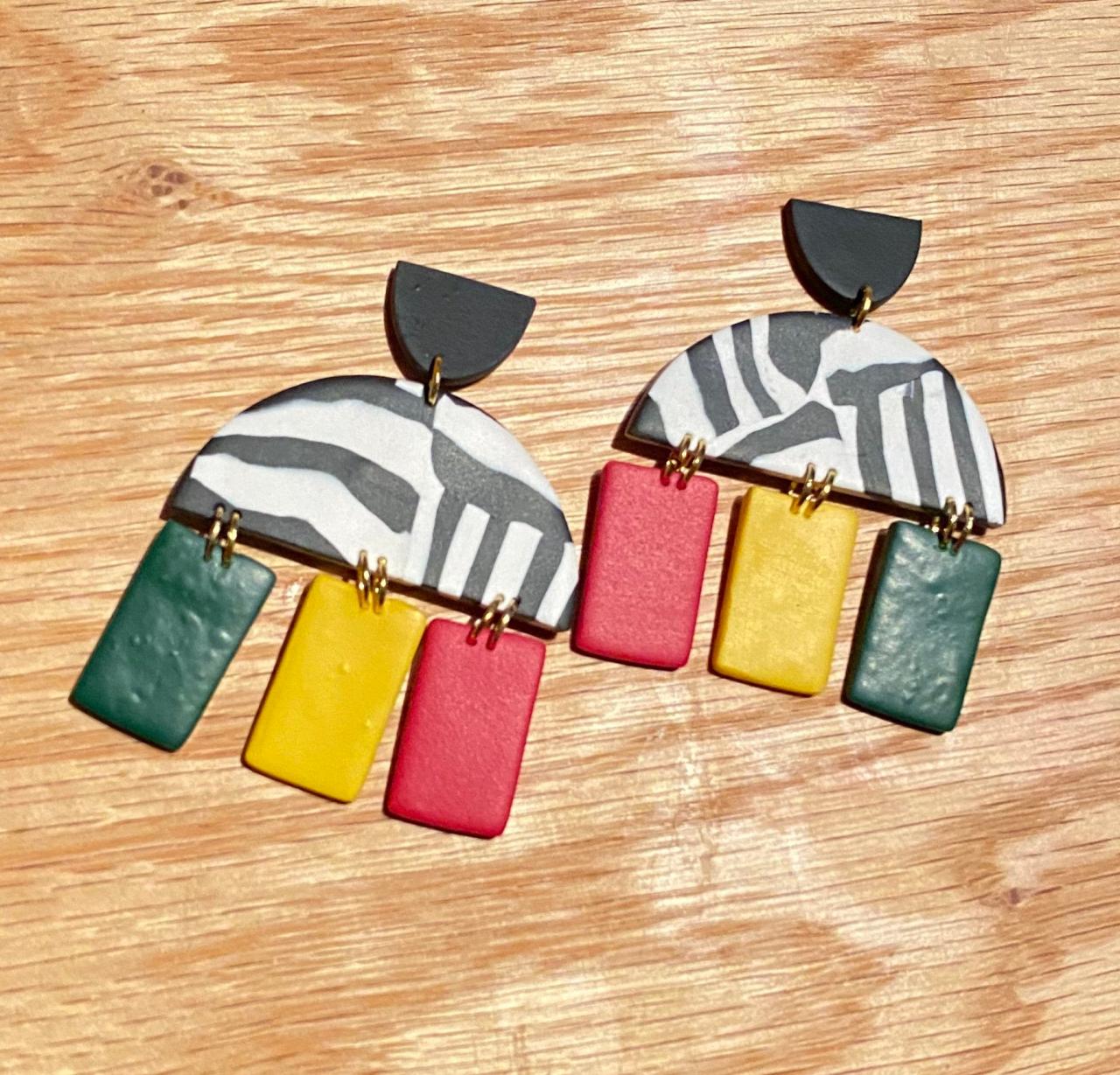 Katie Polymer Clay Dangle Earrings Red Black White Forrest Green  Golden Yellow Light Weight Handmade Polymer Clay Statement