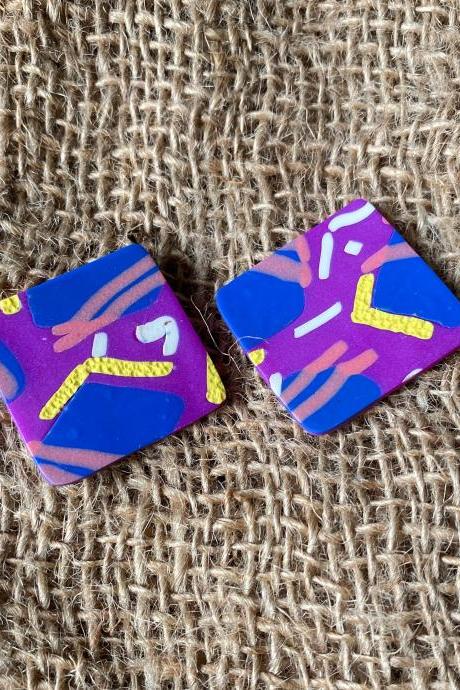 Square Up | Large-ish | Lark Collection | Unique Handmade Polymer Clay Earrings Studs | Polymer Clay Statement Earrings | Black Owned