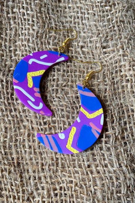 Crescent Polymer Clay Dangle Earrings | Moonlight | Lark Collection | Unique Handmade Polymer Clay Statement Earrings | Black Owned