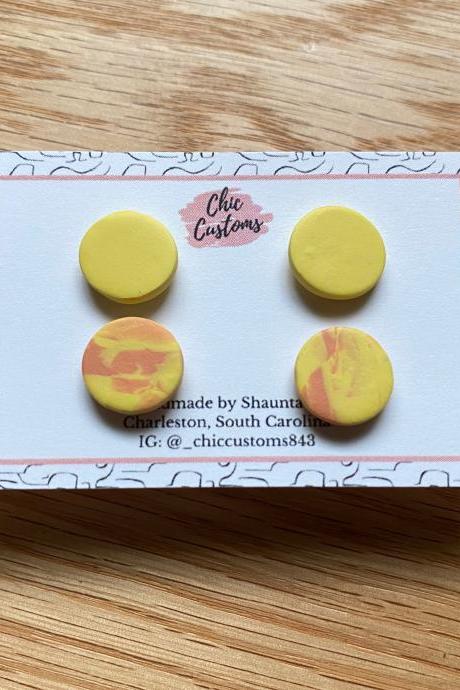 Mini Polymer Clay Studs Duo | Bright Yellow Circle Polymer Clay Earrings Studs | Orange Simple Minimalist Polymer Clay Earrings | Clay Earrings