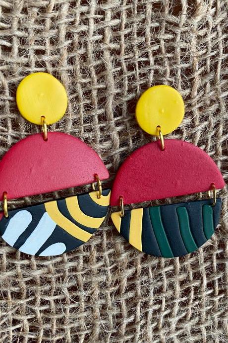 Luna Polymer Clay Earrings | Colorful Polymer Clay Statement Earrings | Forest Green Red Black White Polymer Clay Drop Earrings | Golden Life