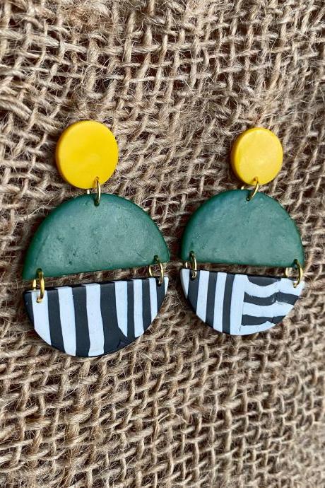 Polymer Clay Dangle Earrings | Luna | Forest Green, Black and White Stripes Polymer Clay Earrings | Golden Life Yellow | Handmade Polymer Clay Statement Earrings | Clay Earrings | Black Owned