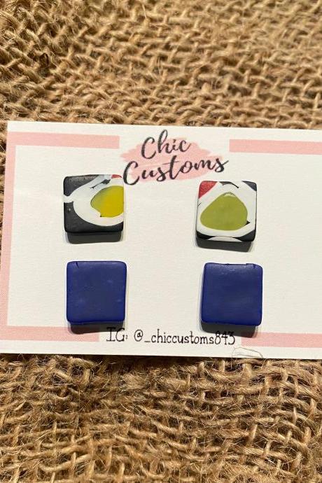 MIni Polymer Clay Earrings Studs Duo | Square Blue, White, Black and Yellow Clay Stud Earrings | Handmade Polymer Clay Earrings | Black Owned | Chic Customs