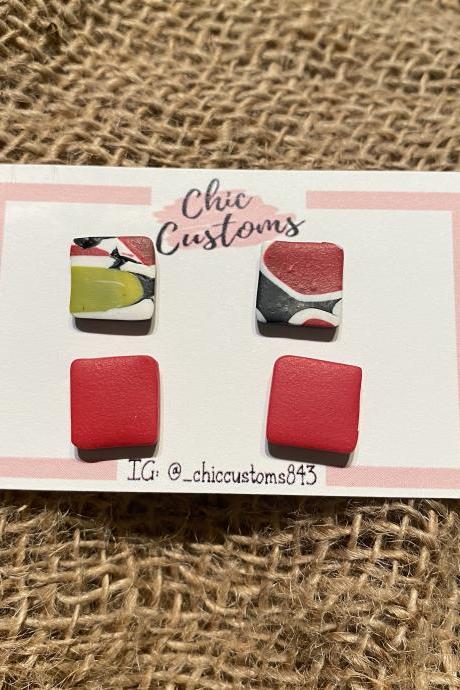 Polymer Clay Earrings Studs | MIni Studs Duo | Square | Red | White | Black | Yellow | Handmade Polymer Clay Earrings | Handmade | Black Owned | Chic Customs