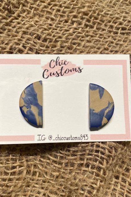 Mini Half Of The Moon Polymer Clay Earrings Studs | Polymer Clay Statement Earrings | Khaki | Dark Blue | Medium Earrings | Handmade | Clay