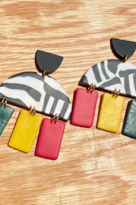 Katie Polymer Clay Dangle Earrings | Red | Black | White | Forrest Green | Golden Yellow | Light Weight | Handmade Polymer Clay Statement