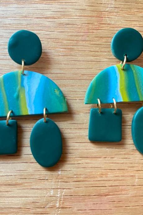 Syd Polymer Clay Statement Earrings | Marble Design Polymer Clay Dangle Earrings | Teal | Green | Yellow | White | Polymer Clay Drop Earrings |
